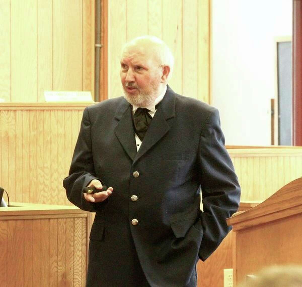 Roger Elkins performs as Osceola County pioneer Delos Blodgett at the sesquicentennial ceremony at the courthouse in Baldwin last July. Elkins will participate in a sesquicentennial celebration at the Evart Historical Society meeting, 7 p.m., Monday, Oct. 28.