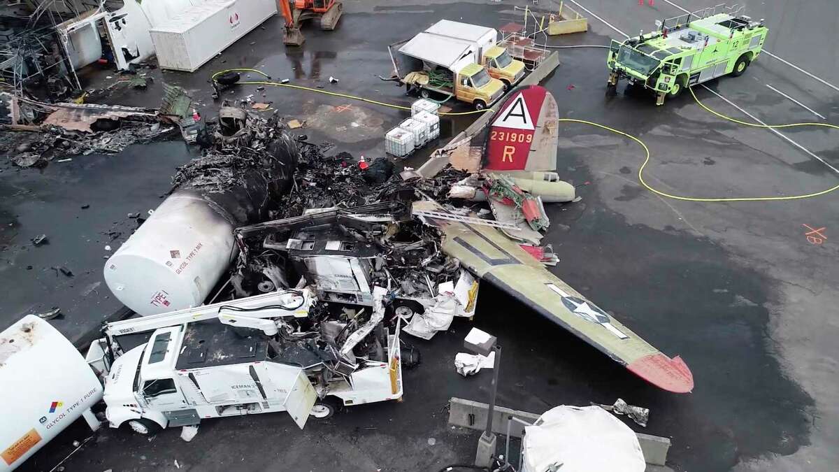 This image, taken from video provided by National Transportation Safety Board, shows damage from a World War II-era B-17 bomber plane that crashed Wednesday at Bradley International Airport, Thursday, Oct. 3, 2019 in Windsor Locks, Conn. The plane crashed and burned after experiencing mechanical trouble on takeoff Wednesday morning from Bradley International Airport.