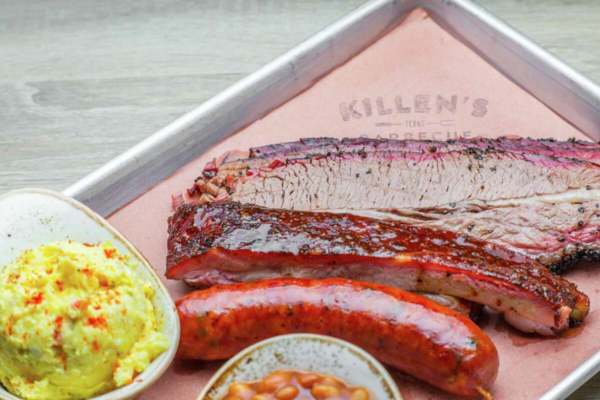 Brisket, sausage and pork rib with beans and potato salad at Killen's Barbecue