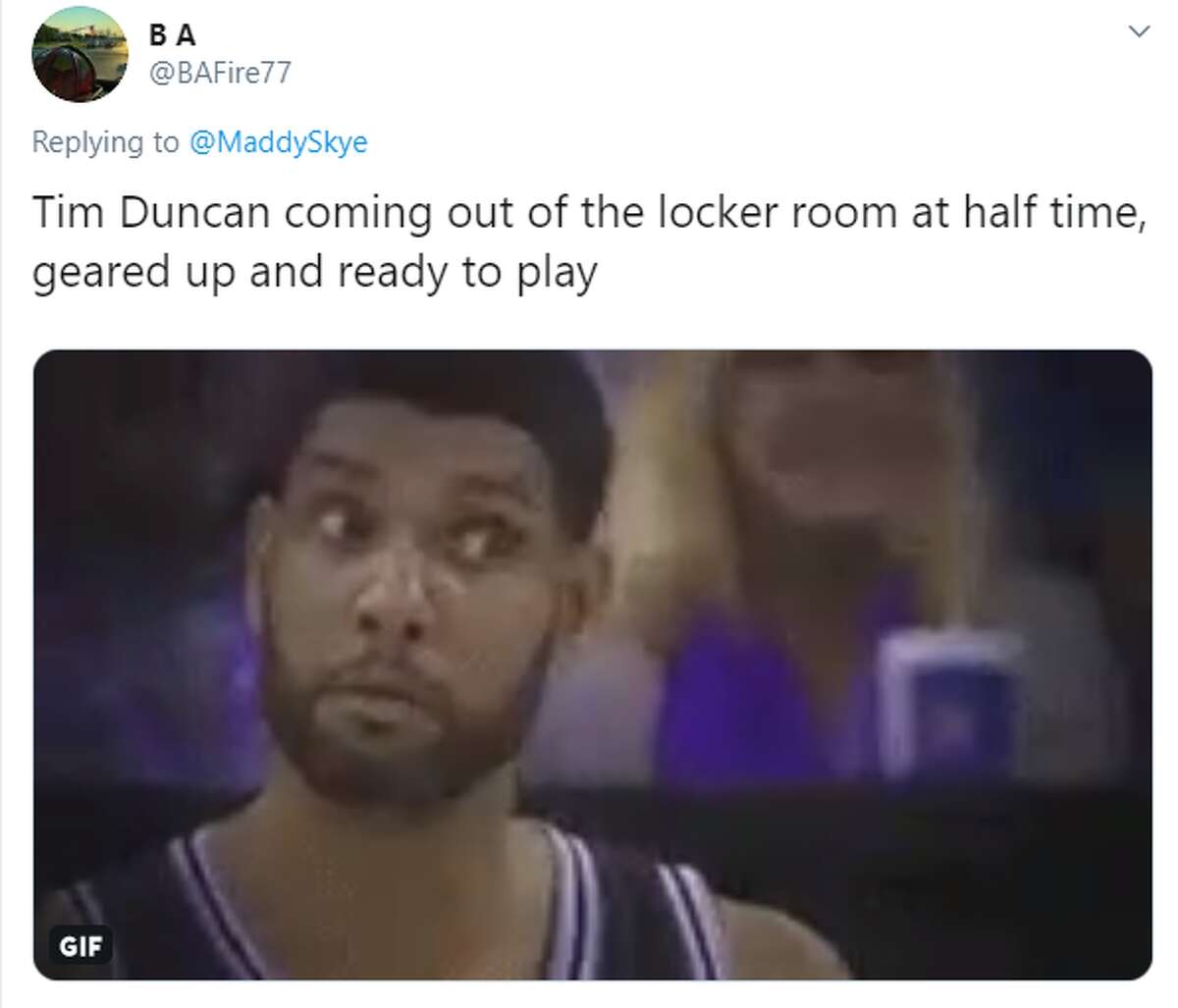 @BAFire77: Tim Duncan coming out of the locker room at half time, geared up and ready to play