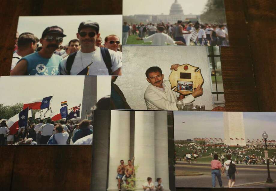A collection of photographs by Paul Casillas including a photograph of him (center) provided by Greg Casillas. The photographs, with the exception of the one of Paul Casillas, are from a 1993 LGB equal rights and liberation march in Washington, D.C. Greg Casillas, who works as the life skills manager at Thrive Youth Center at the Haven for Hope campus, has been HIV positive for almost 20 years. Both his brother and his brother's partner died from AIDS. Photo: Kin Man Hui / ©2019 San Antonio Express-News