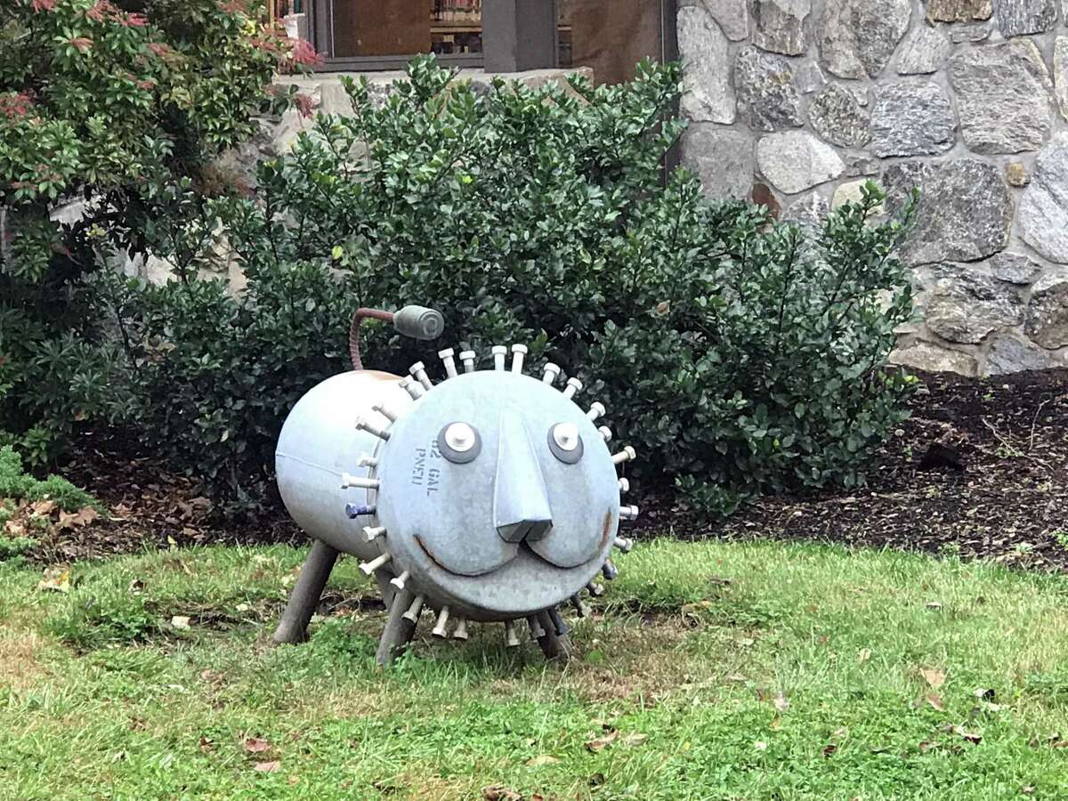 A lion-like figure stands on guard outside the Weston Library. Taken Oct. 22, 2019 in Weston, Conn.
