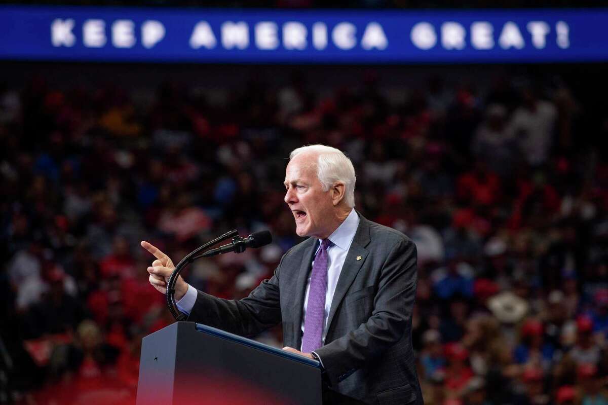 Sen. John Cornyn, R-Texas, speaks during a campaign rally for President Donald Trump, Thursday, Oct. 17, 2019, at the American Airlines Center in Dallas. (AP Photo/Jeffrey McWhorter)