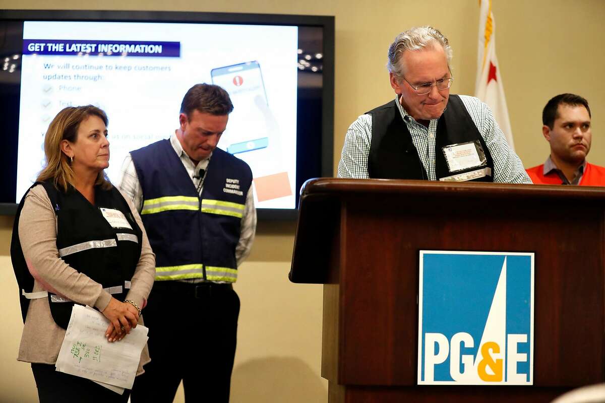 Bill Johnson, PG&E Corp. CEO ands President, listens to a question during press briefing, regarding upcoming high wind event and potential power shutoff, in San Francisco, Calif., on Monday, October 21, 2019.