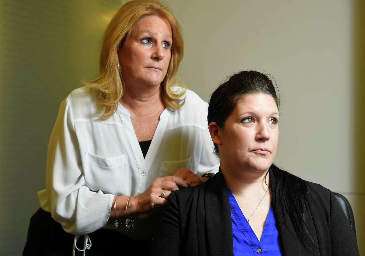 Lynn Maille and Jessica Bianco, both victims in a sexual harassment case against the Connecticut Judicial Branch, were photographed on Sept. 20, 2019 at their lawyer’s office in Midtown Manhattan.