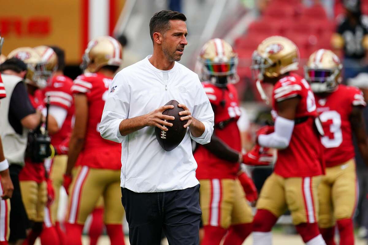 SANTA CLARA, CALIFORNIA - SEPTEMBER 22: Head coach Kyle Shanahan of the San Francisco 49ers looks on during warm ups prior to the game against the Pittsburgh Steelers at Levi's Stadium on September 22, 2019 in Santa Clara, California. ~~