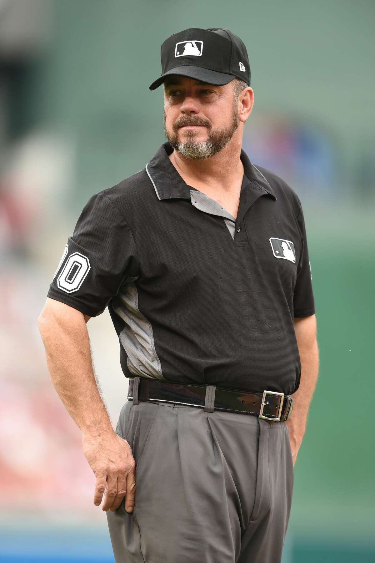 Umpire Rob Drake looks on during a baseball game between the Atlanta Braves and the Washington Nationals at Nationals Park on September 14, 2019 in Washington, DC. (Photo by Mitchell Layton/Getty Images)