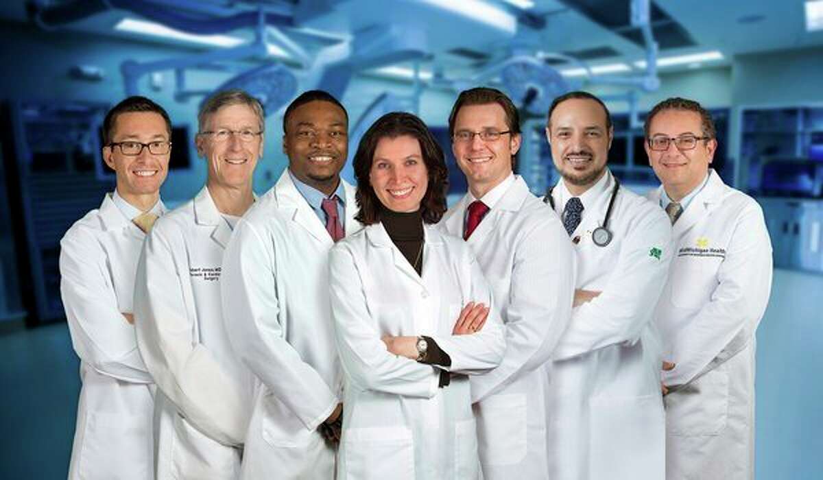 Clinic patients benefit from the expertise of a multidisciplinary team of experienced specialists. These include, from left, Cardiologist Jeffrey Martindale, D.O.; Cardiovascular Surgeon Robert Jones, M.D.; Cardiologist Femi Showole, D.O.; Cardiologist/Cardiac Imaging Specialist Susan Sallach, M.D.; Interventional Cardiologists Andrzej Boguszewski, M.D., and Maged Rizk, M.D., Ph.D.; and Cardiologist/Cardiac Imaging Specialist Waleed Doghmi, M.D. (Photo provided)