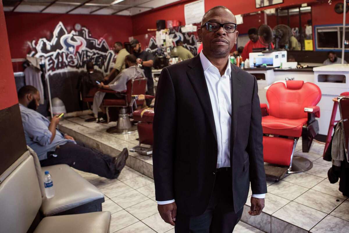 Brad Jordan, who has for 30 years been best known as Scarface, lyricist and rapper in Houston's legendary Geto Boys, talks about his upcoming campaign for city council at South Acres Barber Shop on Thursday, Sept. 5, 2019, in Houston. Jordan plans to run for a vacant city council seat this fall, with a plan to try to turn around things in the neighborhood where he grew up.