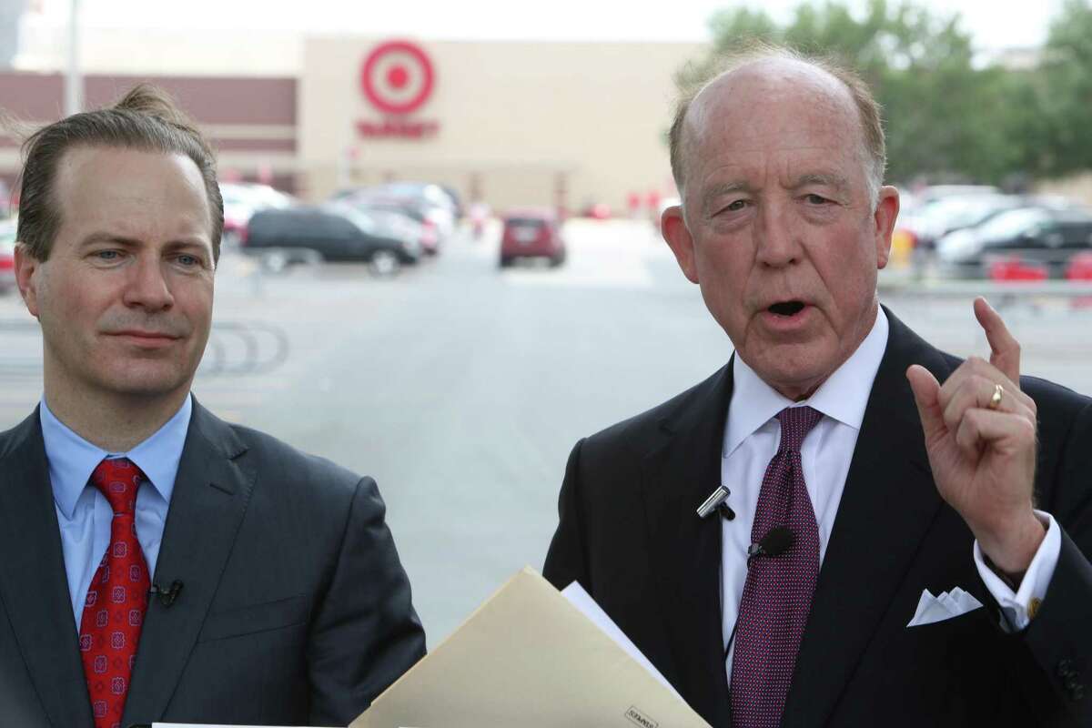 Jared Woodfill (left) and Steven F. Hotze hold a press conference at the Target in the Galleria, 4323 San Felipe St, Tuesday, April 26, 2016, in Houston. They are calling for a boycott of Target, for their attitude on bathrooms. ( Steve Gonzales / Houston Chronicle )