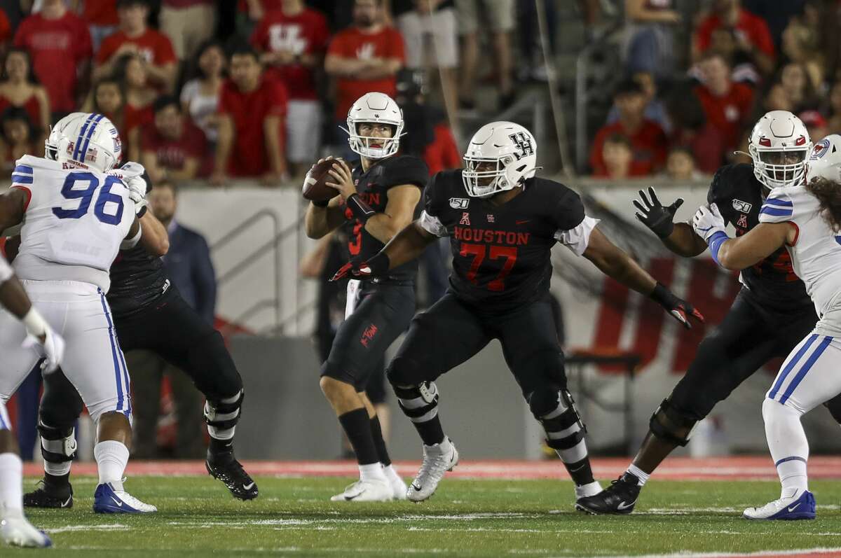 PHOTOS: UH vs. SMU  Houston Cougars quarterback Clayton Tune (3) drops back before throwing for a first down during the first quarter of an NCAA football game at TDECU Stadium on Thursday, Oct. 24, 2019, in Houston. >>>Look back at photos from the Cougars' game last week ... 