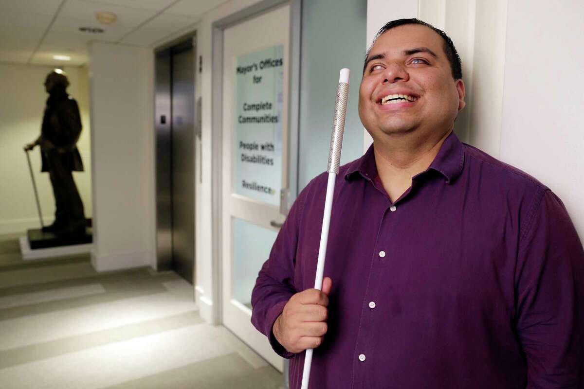 Gabe Cazares, the new director of the Mayor's Office for People with Disabilities, outside of his City Hall office Thursday, Oct. 17, 2019 in Houston, TX.