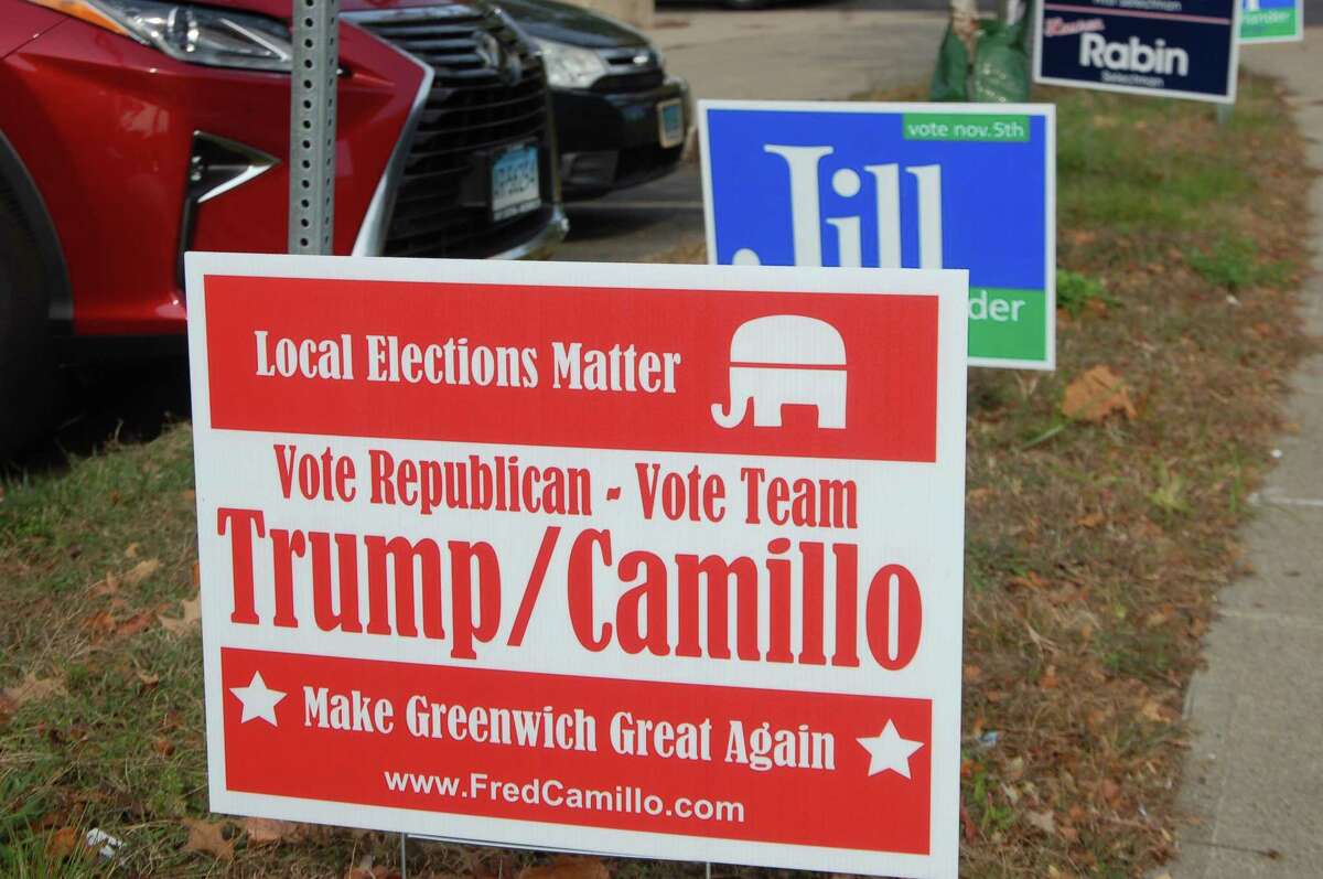 Signs linking Republican first selectman candidate Fred Camillo to President Donald Trump have appeared around Greenwich. Police Capt. Mark Kordick admitted ordering the signs and was later fired over his actions.