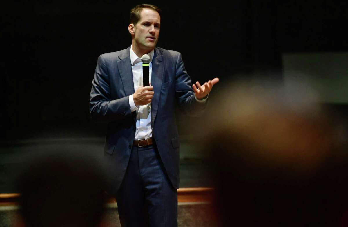U.S. Rep Jim Himes, D-4, discusses gun violence prevention and the importance of political participation by college students at Norwalk Community College Thursday, October 10, 2019, in the David L. Levinson Ph.D. Theater on the East Campus in Norwalk, Conn