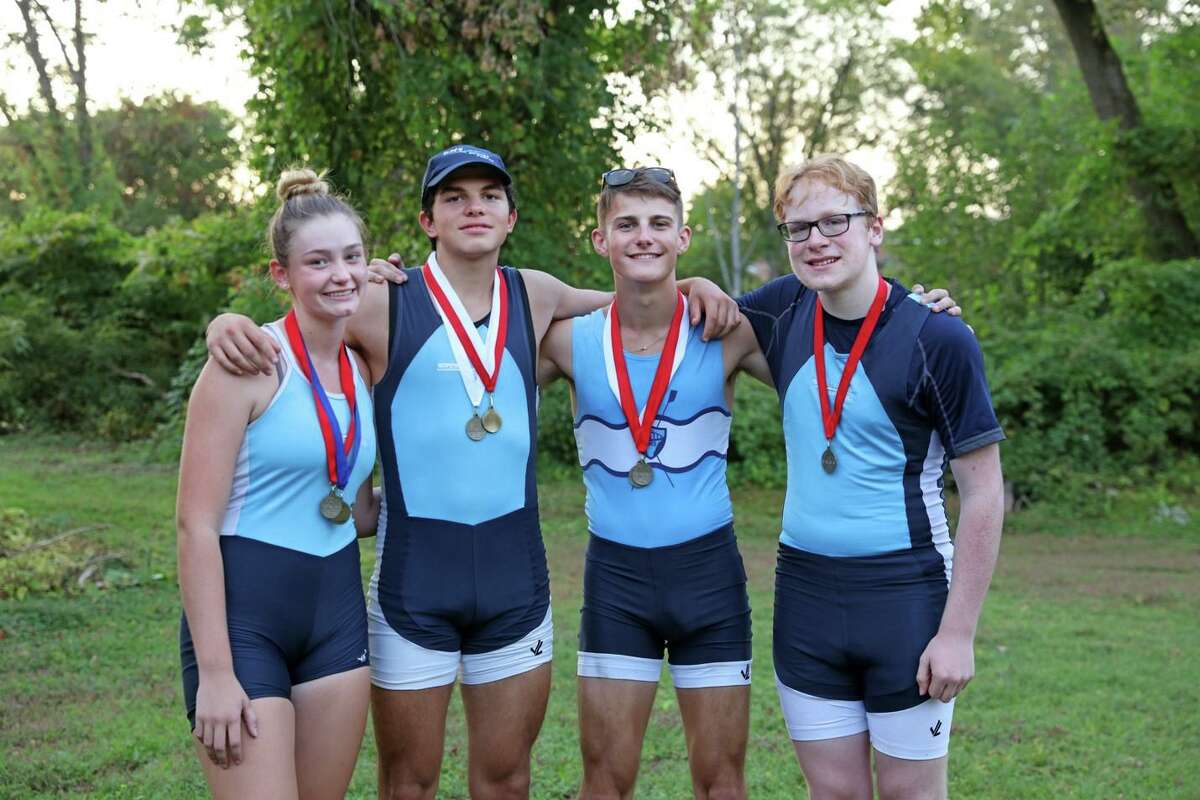 GMS rowers from New Milford and surrounding towns earned medals at the fall season opening regatta in Saratoga Springs, N.Y. in September. New Milford medalists pictured from left to right: Casey Lenihan, Luke Marabito, Chris Cyr, Alistair Riney