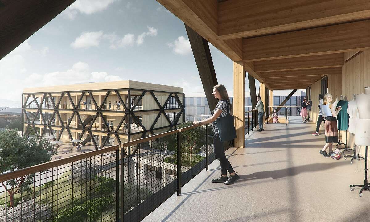 A rendering of the expansion being designed by Studio Gang for the California College of the Arts in San Francisco. The education buildings would be built with structural timber rather than concrete or steel, and are intended to be carbon neutral. Construction is scheduled to begin in the spring of 2020.