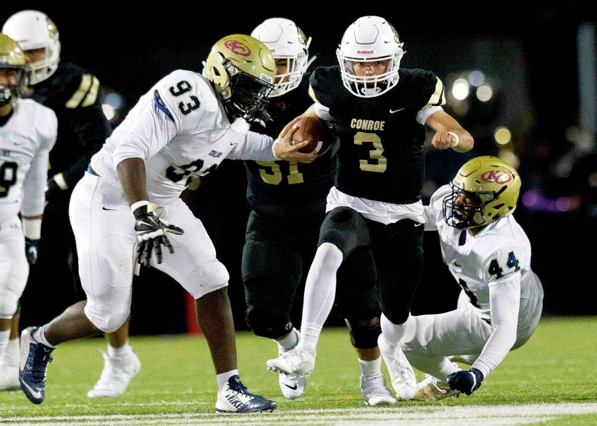 Conroe quarterback Christian Pack (3) runs past Klein Collins defensive linemen Zechariah Ivery (93) and linebacker Deandre Rucker (44) for a 61-yard touchdown during the second quarter of a District 15-6A high school football game at Buddy Moorhead Stadium, Friday, Oct. 25, 2019, in Conroe.