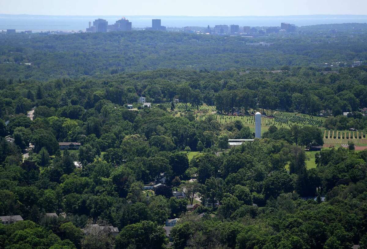 The Connecticut Agricultural Experiment Station, downtown New Haven, and the Sound are the view from the top of the head at the newly re-opened Sleeping Giant State Park in Hamden on Sunday, June 23, 2019.