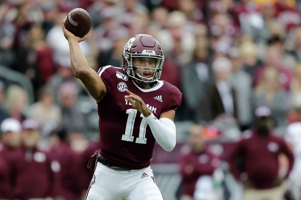 Texas A&M quarterback Kellen Mond (11) looks to pass against Mississippi State during the first quarter of an NCAA college football game, Saturday, Oct. 26, 2019, in College Station, Texas. (AP Photo/Sam Craft)