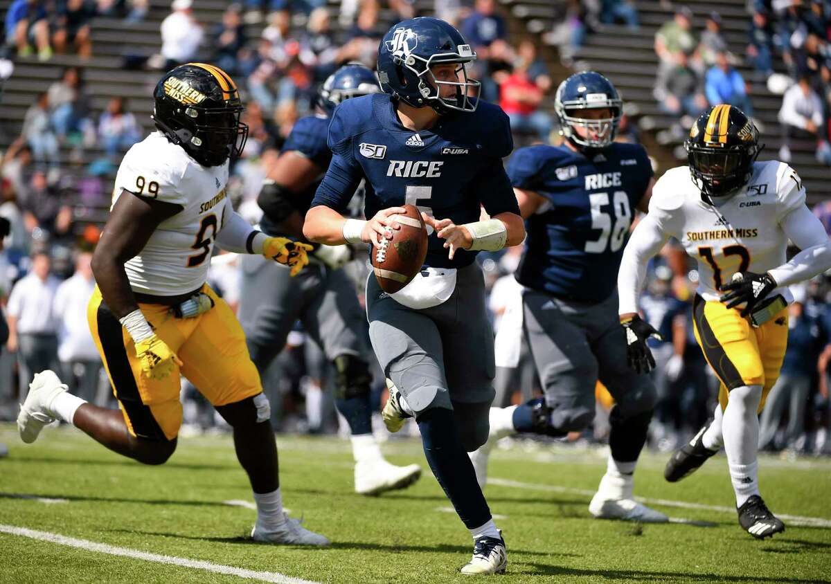 Rice quarterback Wiley Green (5) scrambles during the first half of an NCAA college football game against Southern Miss, Saturday, Oct. 26, 2019, in Houston.