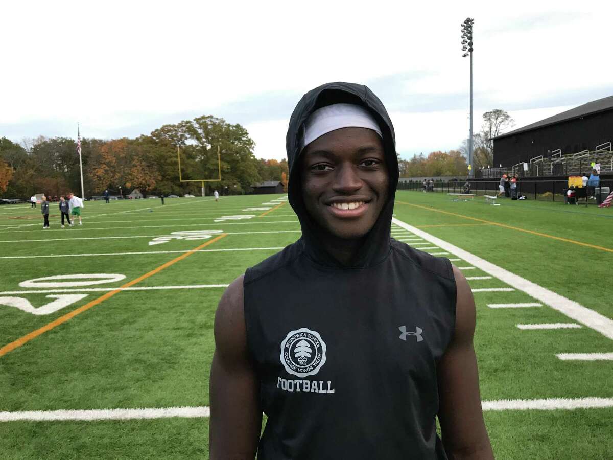 Brunswick School senior wide receiver Bernard Zoungrana caught two touchdown passes in its 35-28 loss to visiting Avon Old Farms School on Saturday, October 25, 2019.