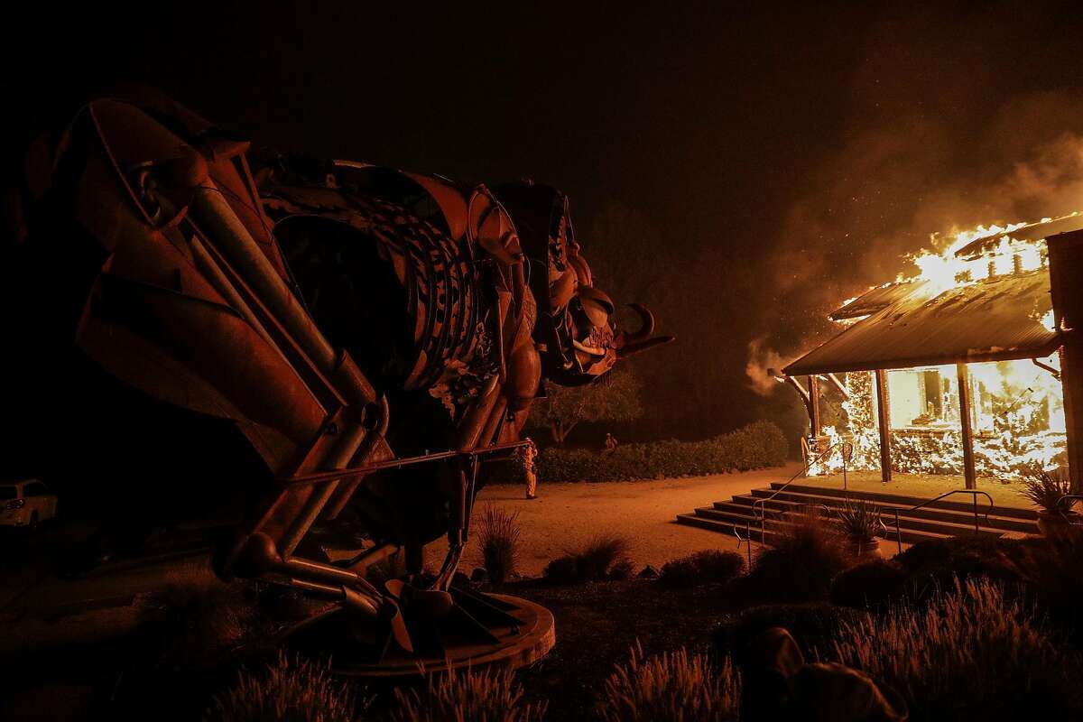 The Soda Rock Winery erupts in flame as the Kincade Fire continues to burn in Healdsburg, Calif., on Sunday, October 27, 2019.