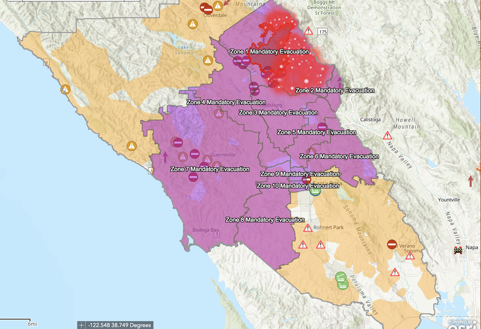 Napa Sonoma Fire Map Map: Kincade Fire burning in north Sonoma County