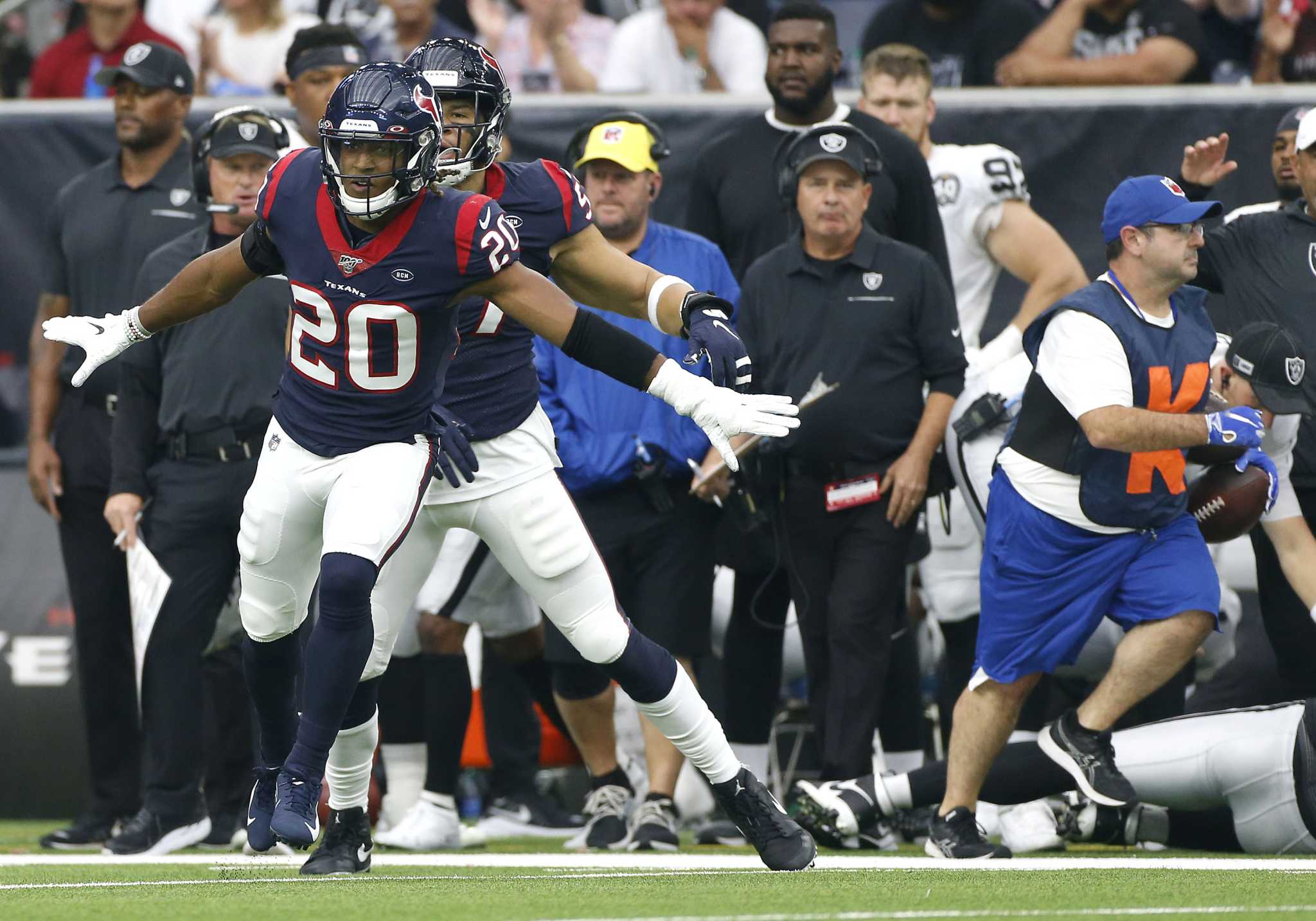 October 27, 2019 : Houston Texans strong safety Justin Reid (20) being  introduced prior to the game against the Oakland Raiders at NRG Stadium in  Houston, Texas. The score at the half