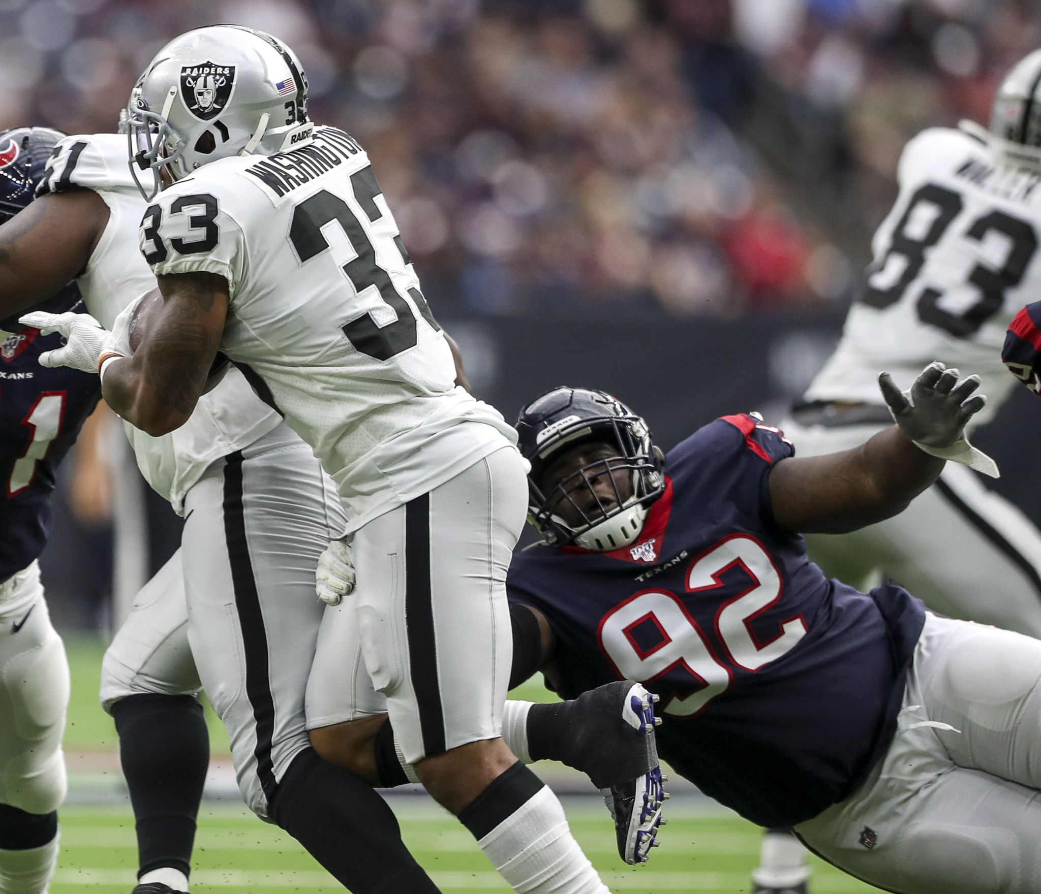 Houston, Texas, USA. 27th Oct, 2019. Houston Texans linebacker Brennan  Scarlett (57) lines uip on the line of scrimmage during the NFL regular  season game between the Houston Texans and the Oakland