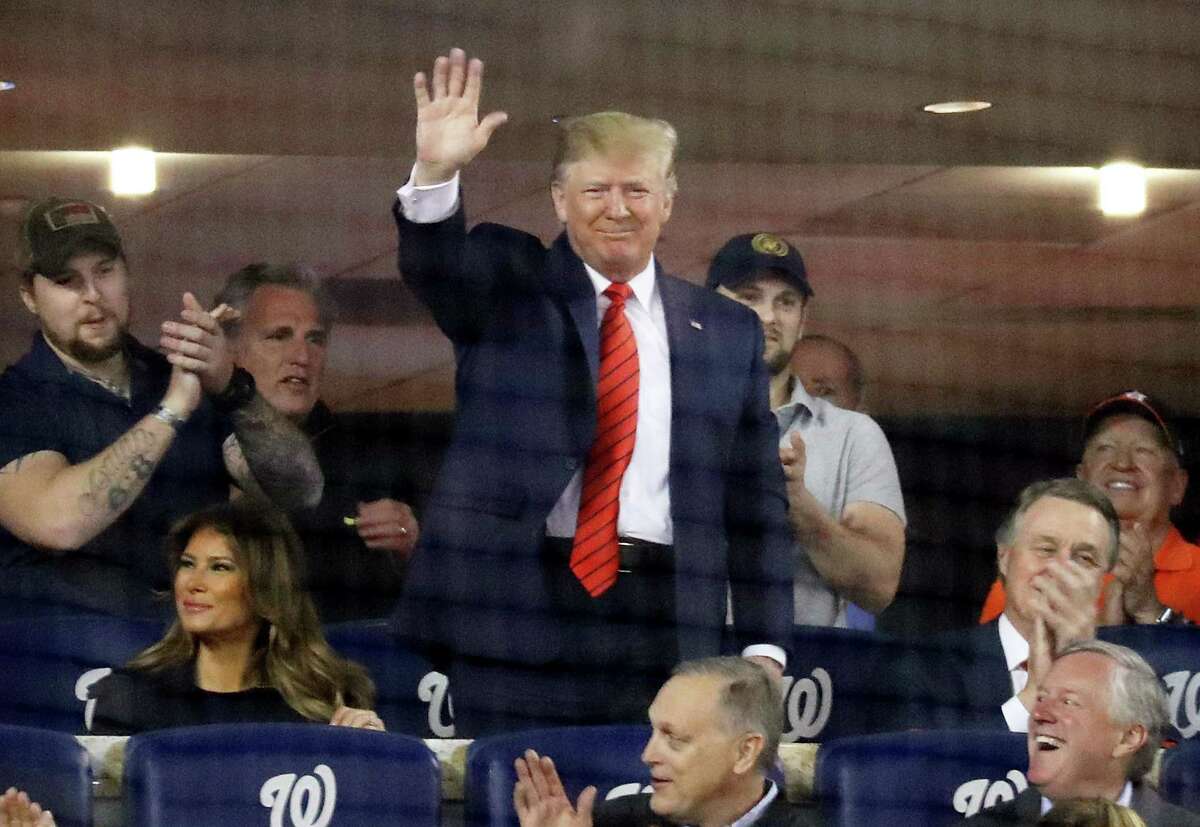 President Donald Trump attends Game Five of the 2019 World Series between the Houston Astros and the Washington Nationals at Nationals Park on October 27, 2019 in Washington, DC.