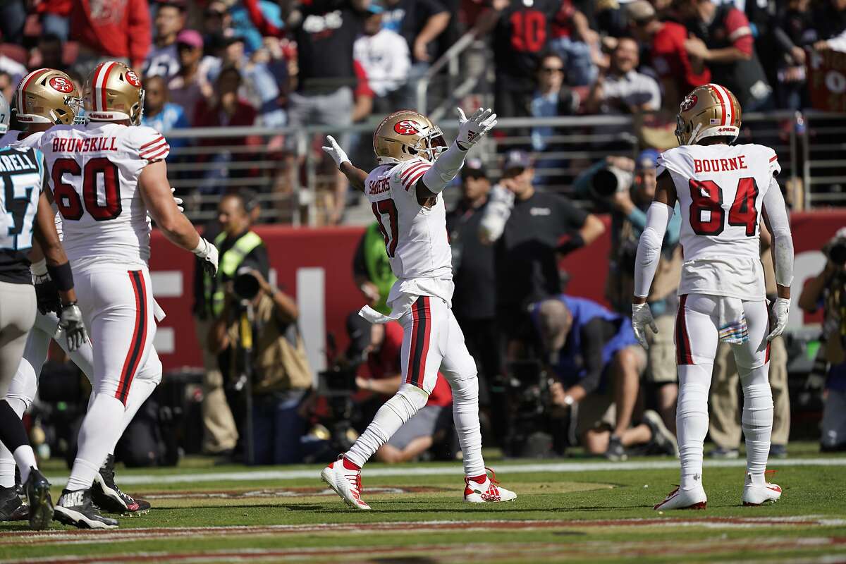 Emmanuel Sanders of the San Francisco 49ers makes a catch for a first   Nfl football 49ers, San francisco giants baseball, San francisco 49ers nfl