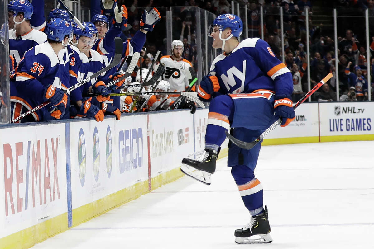 New York Islanders' Ryan Pulock (6) celebrates after scoring a goal during the second period of an NHL hockey game against the Philadelphia Flyers, Sunday, Oct. 27, 2019, in Uniondale, N.Y. (AP Photo/Frank Franklin II)