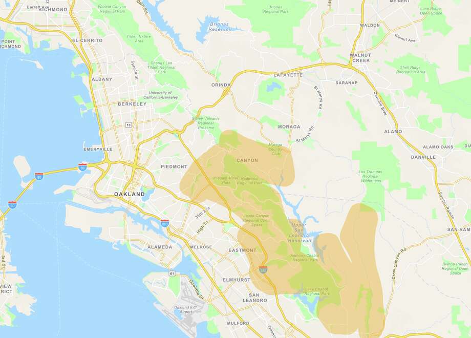 Outages in the Berkeley and Oakland hills. Photo: PG&E