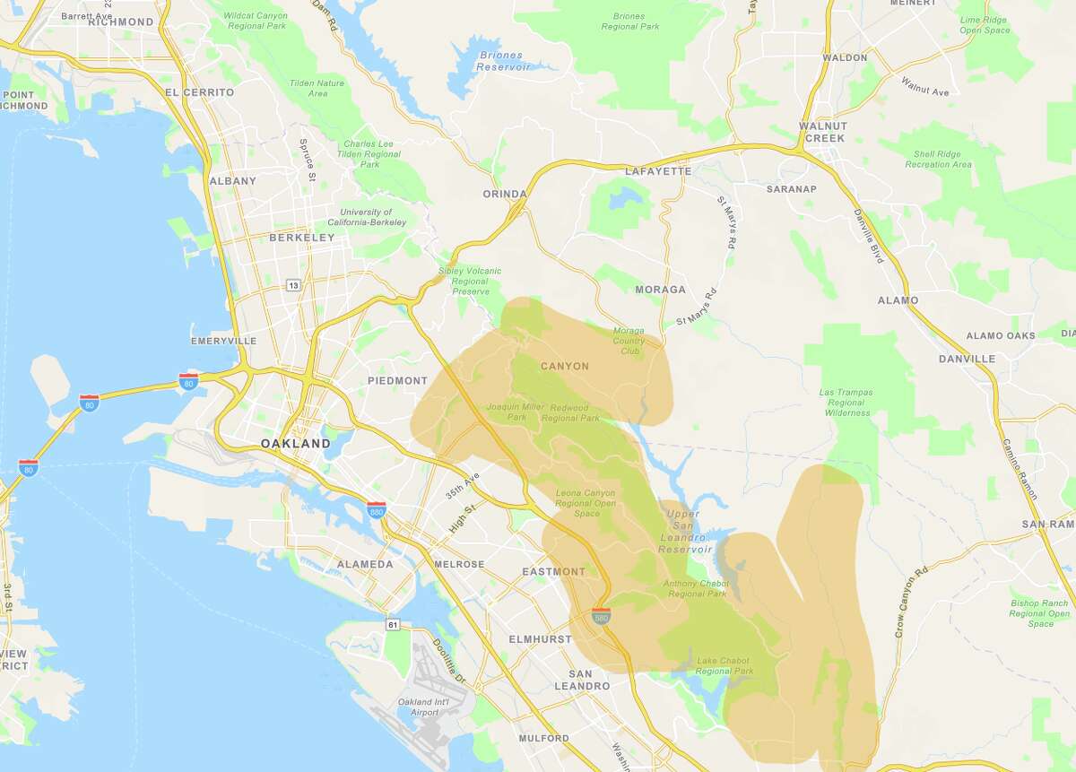 Predicted outages in the Berkeley and Oakland hills for Tuesday, Oct. 29.