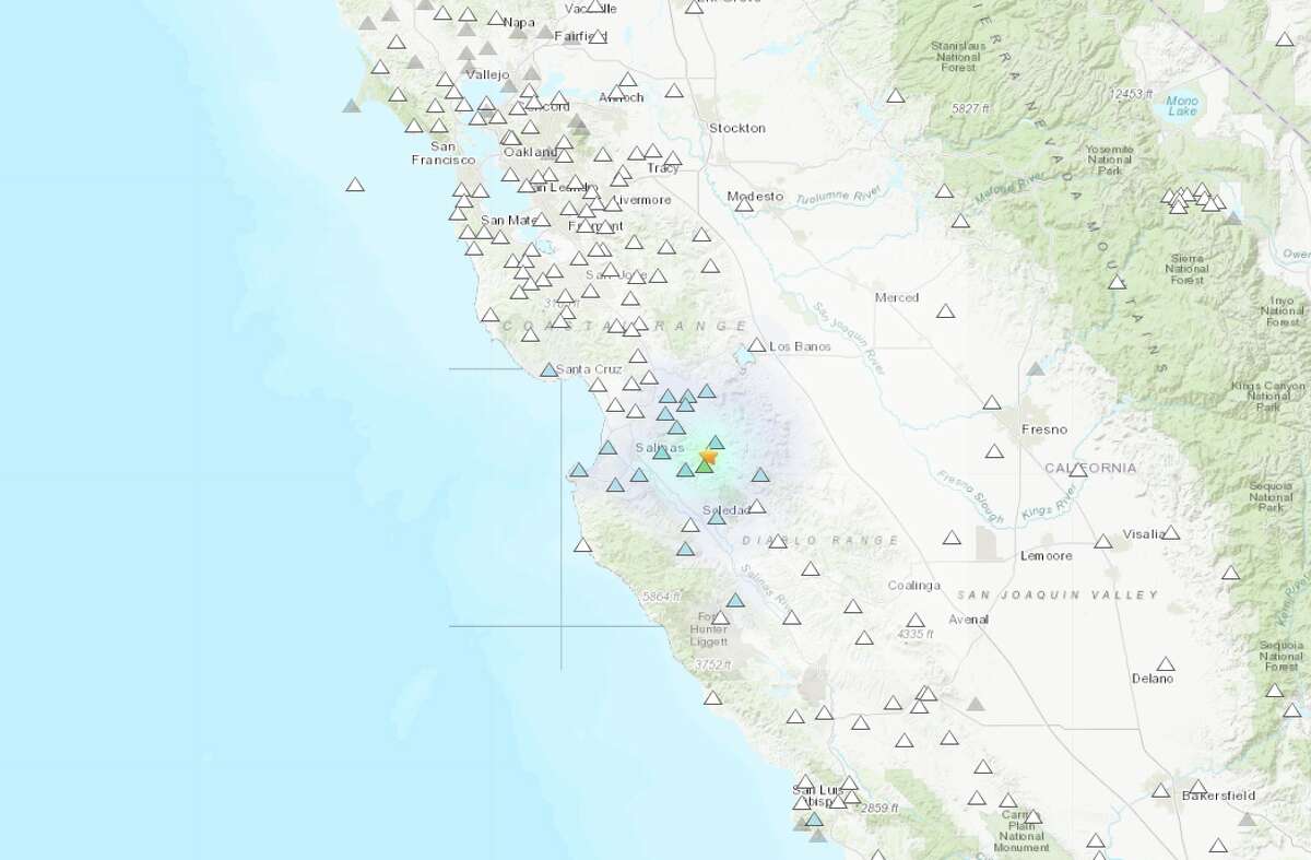 A shake map of the magnitude 3.9 earthquake that shook the area near Pinnacles, California in the morning on October 29, 2019.