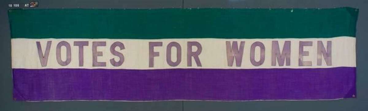 Ridgefield’s antique “Votes for Women” banner that is being used as a logo for the town-wide “Votes for Women: Ridgefield Celebrates the 19th Amendment” Committee. Events in town will be co-sponsored by the League of Women Voters of Ridgefield, Ridgefield Library, Ridgefield Historical Society, Keeler Tavern Museum & History Center, and the Drum Hill Chapter of the DAR.