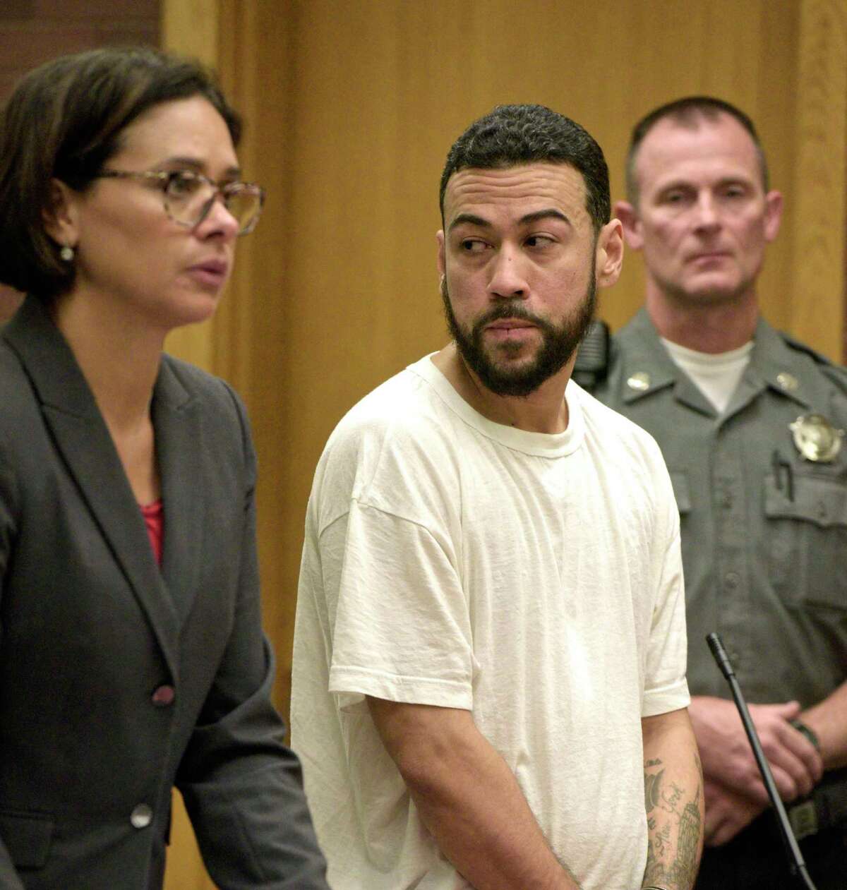 David Ramos, of Danbury, appeared in Danbury Superior Court alongside his attorney Jennifer Tunnard on Tuesday. Ramos was arrested Sept. 11, and is facing first-degree manslaughter, possession of a controlled substance, possession with intent to sell, use of drug paraphernalia, failure to keep narcotics in original containers and interfering with police charges. October 20, 2019, in Danbury, Conn.