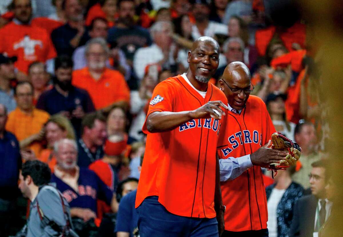 PHOTOS: More from the Hakeem Olajuwon-Clyde Drexler first pitch Hakeem Olajuwon and Clyde Drexler throw out the ceremonial first pitch before Game 6 of the World Series at Minute Maid Park on Tuesday, Oct. 29, 2019, in Houston.