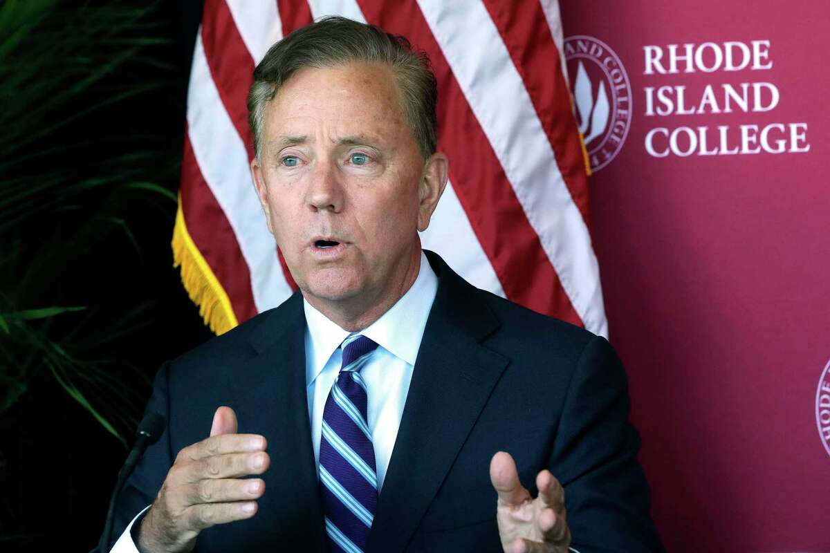 Connecticut Gov. Ned Lamont speaks to the media after a private meeting with Rhode Island Gov. Gina Raimondo and Massachusetts Gov. Charlie Baker Oct. 24 to discuss issues of regional importance on the campus of Rhode Island College in Providence, R.I.