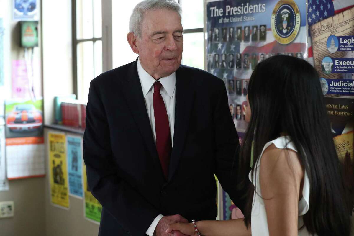 Broadcast journalist Dan Rather thanked Heights High School valedictorian Emily Ramirez after she interviewed him Tuesday, Oct. 29, 2019, in Houston.