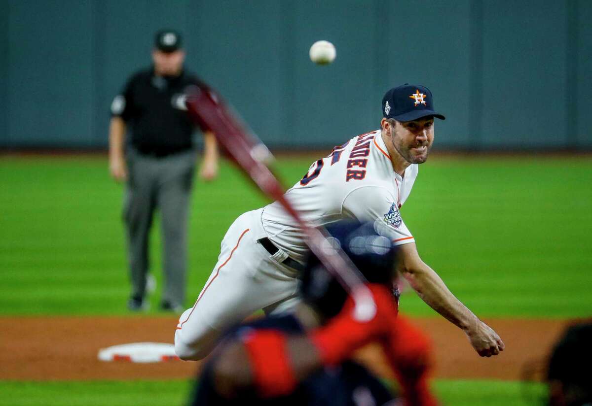 Houston Astros starting pitcher Justin Verlander (35) pitches during Game 6 of the World Series at Minute Maid Park on Tuesday, Oct. 29, 2019, in Houston.