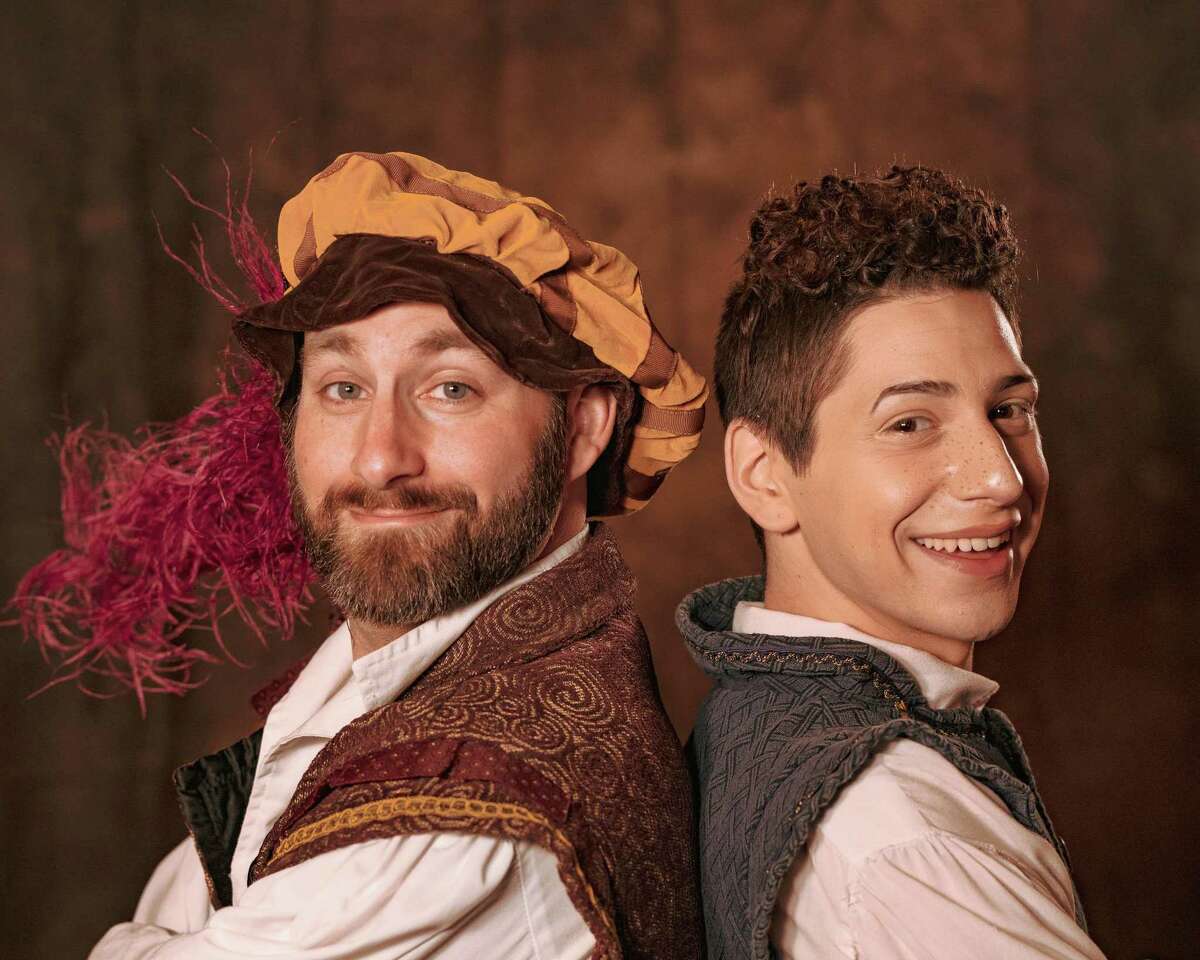 Warner Stage Company members Frank Beaudry as Nick Bottom and Zachary Taylor as Nigel Bottom, star in “Something Rotten” at the Warner Theatre.