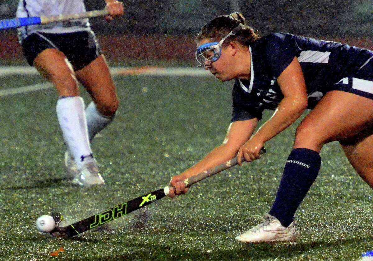 Staples' Maisie Dembski passes the ball during field hockey action against Norwalk in Norwalk, Conn., on Tuesday Oct. 29, 2019.