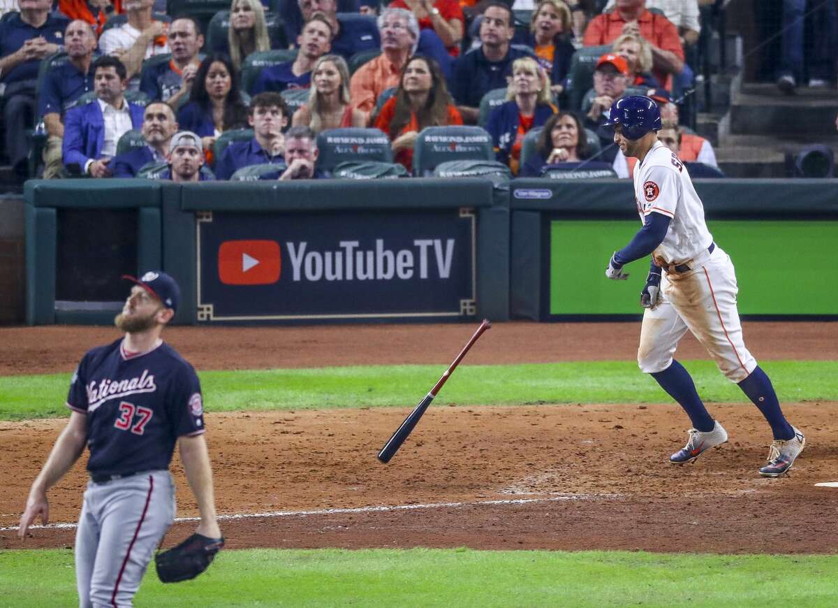 Houston Astros center fielder George Springer (4) reacts after striking out to end the seventh inning of Game 6 of the World Series at Minute Maid Park on Tuesday, Oct. 29, 2019, in Houston.