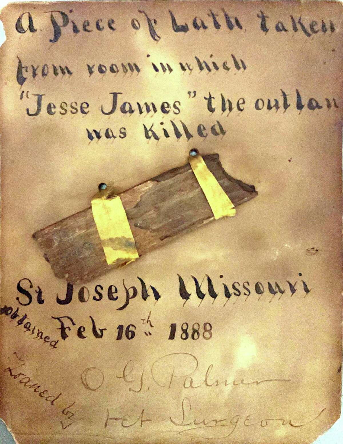 Fragment from the “Room Where Jesse James was Shot,” 1888. Lath on board. Gift of O.G. Palmer, Bruce Museum Collection.