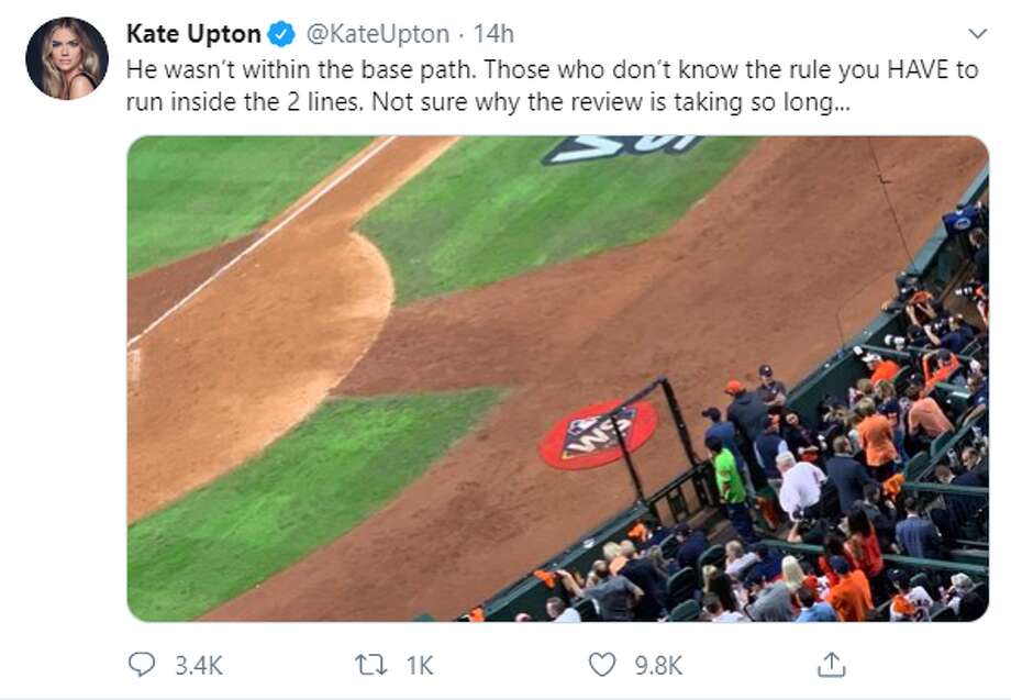 Upton tweeted out criticizing the length of time the review on the play, as well as supporting the call to get Turner out which she received lots of online backlash for. Photo: Kate Upton/Twitter