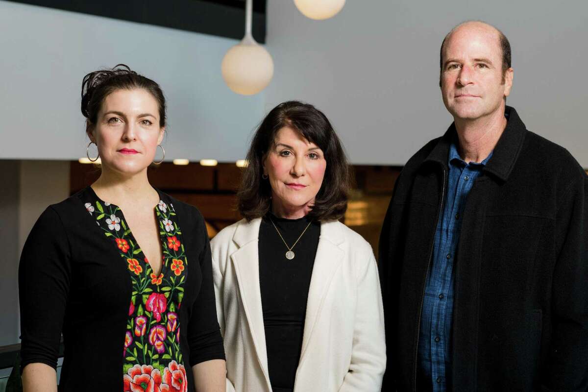 Katherine Lorenz (left), Sheridan Lorenz (center), and Grant Mitchell, board members of the Cynthia and George Mitchell Foundation, pose for a photo during a meeting in Pittsburgh, PA on Thursday, October 24, 2019. The three are descendants of George Mitchell. Often dubbed the “father of fracking,” George Mitchell revolutionized the oil and gas industry, opening up vast oil and gas deposits long deemed too expensive to drill. Now the Cynthia and George Mitchell Foundation, which he and has wife founded in the 1970s, has evolved into an unlikely critic of the oil and gas boom that has swept Texas and other states. (Joe Appel/Contributor)