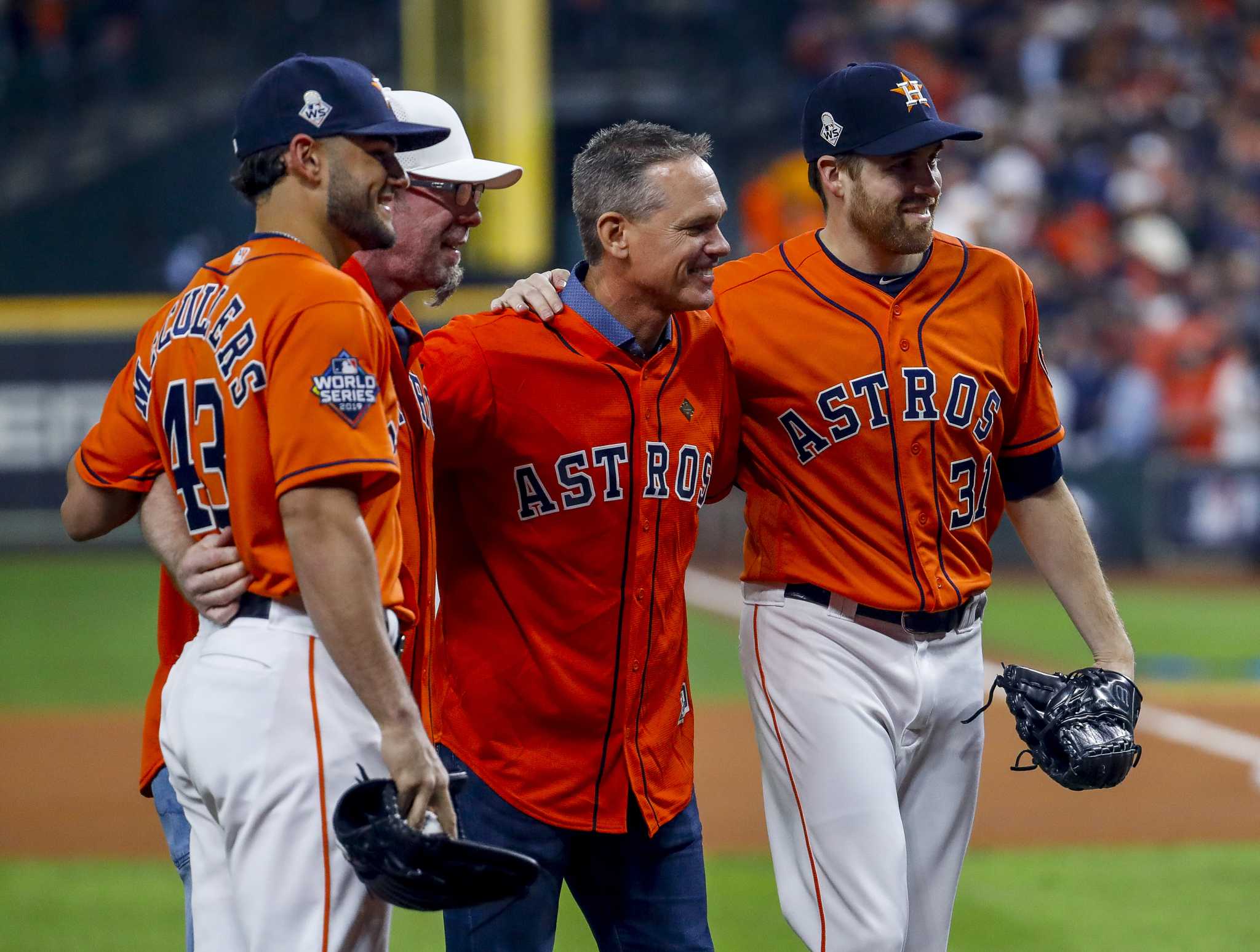 Jeff Bagwell and Craig Biggio throw out the ceremonial first pitches before  Game 7 of the baseball World Series between the Houston Astros and the  Washington Nationals Wednesday, Oct. 30, 2019, in