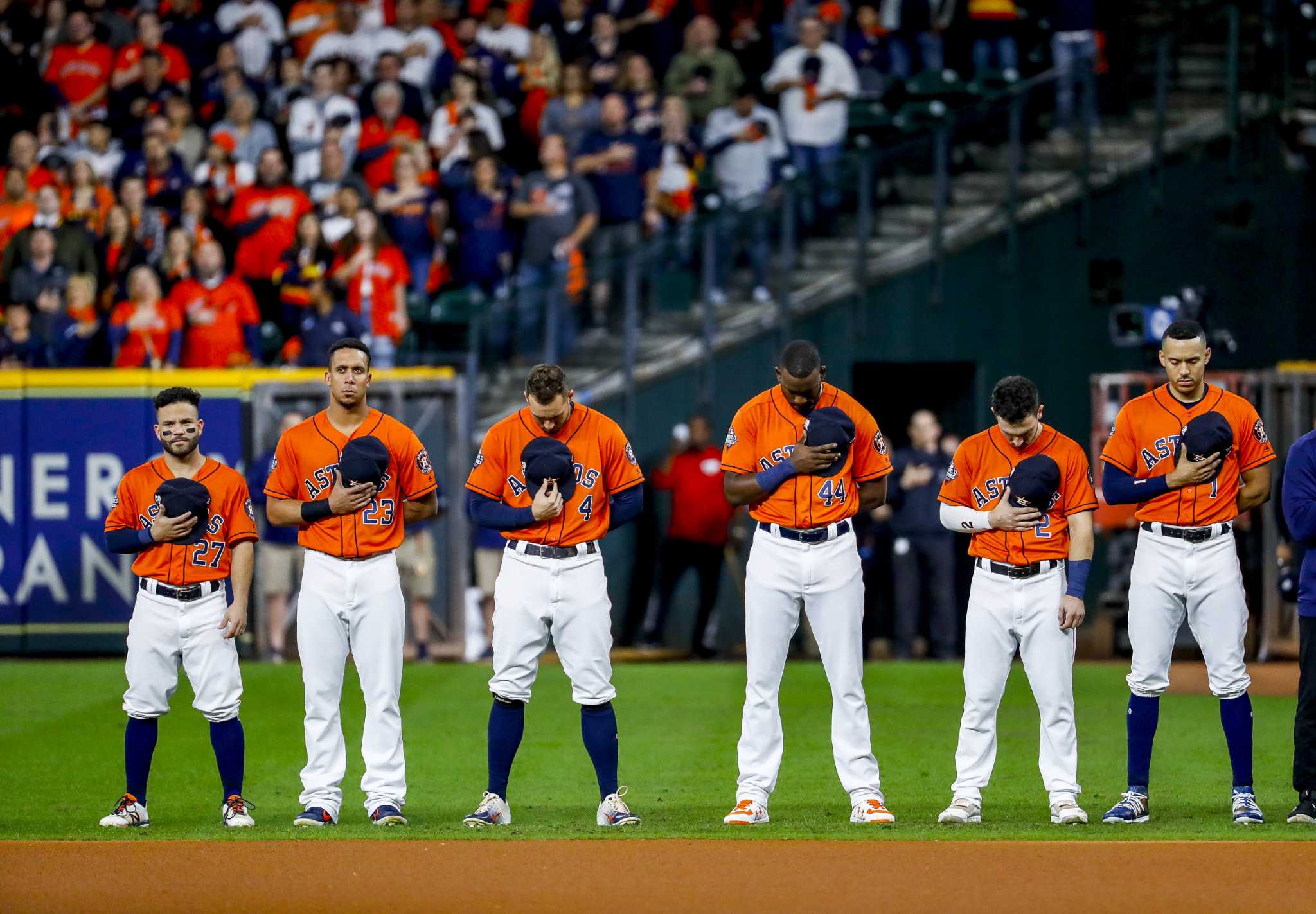 Jeff Bagwell and Craig Biggio throw out the ceremonial first pitches before  Game 7 of the baseball World Series between the Houston Astros and the  Washington Nationals Wednesday, Oct. 30, 2019, in