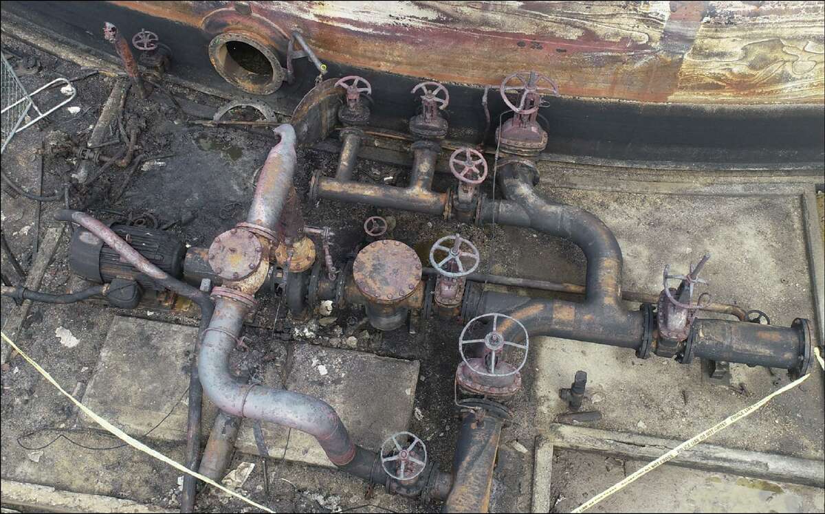 Tank 80-8 Piping Manifold. This photo shows the post-incident condition of the Tank 80-8 piping manifold after the March 17, 2019 fire at Intercontinental Terminals Co. in Deer Park.